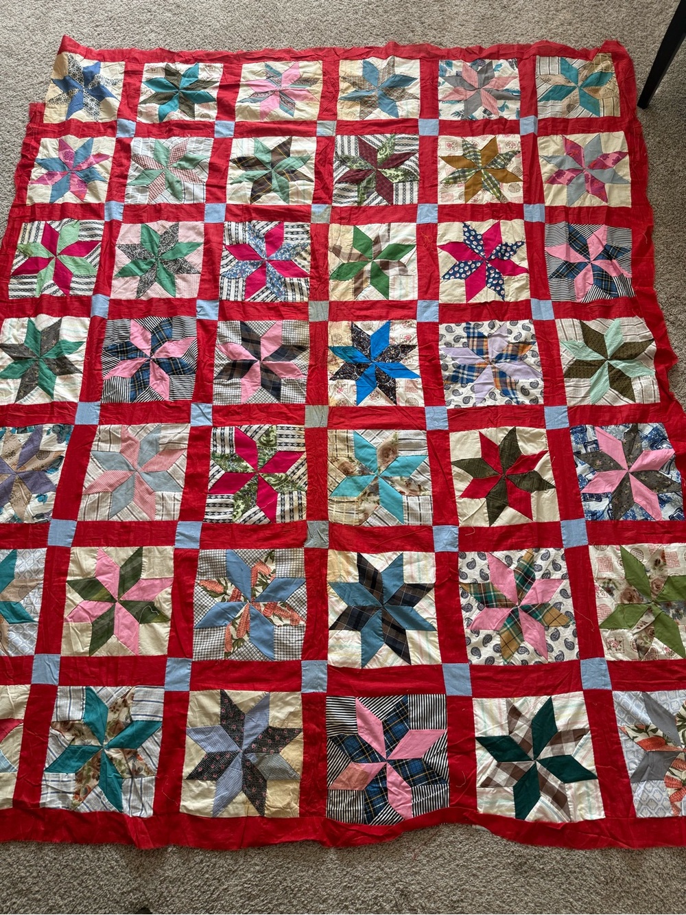 Vintage Handmade Multicolor Star Patchwork Quilt Top Red Sashing 72”x84”